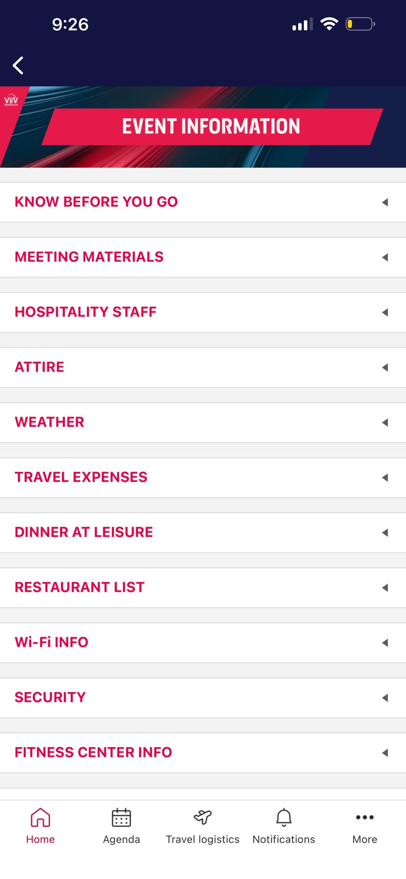 Event app information hub with Know Before You Go, attire, travel and Wi-Fi sections