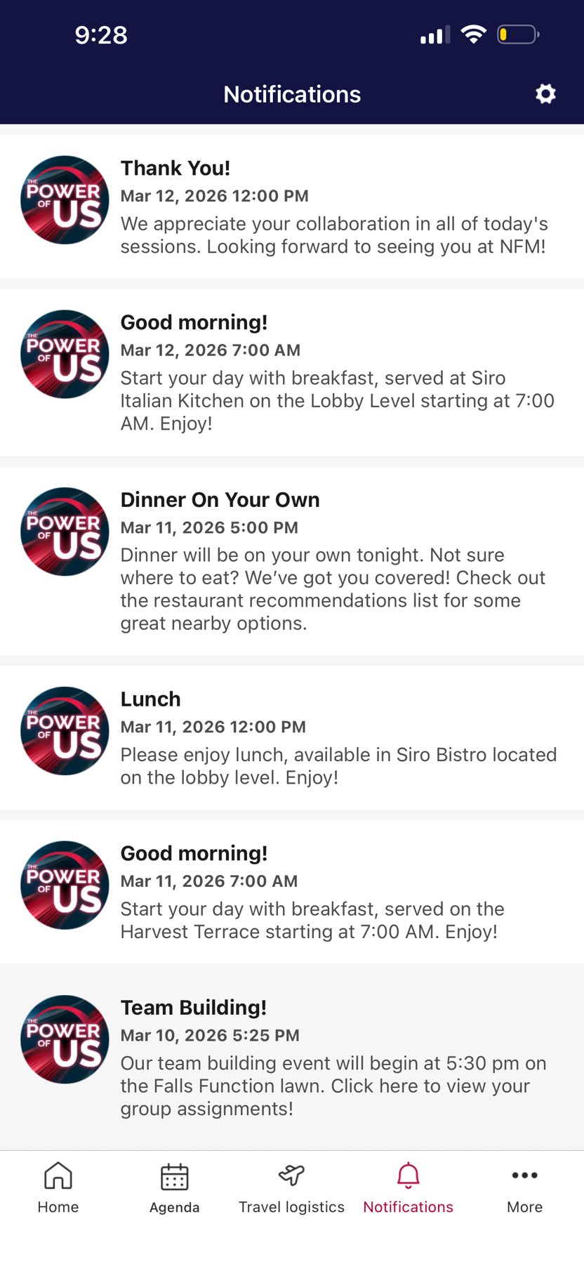 Event app push notifications for meals, team building and a thank-you message